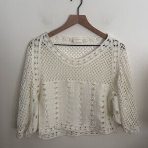 Wisteria Lane Cream Crochet Cropped Short Sleeve Chic Boho Womens Top Large NWOT